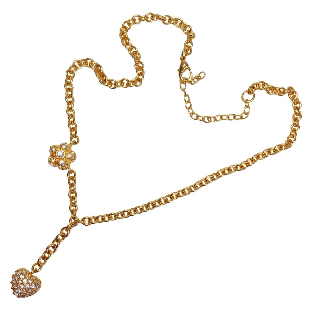 Vintage Gold Tone Pavé Heart Y Necklace with Crystal Floral Station